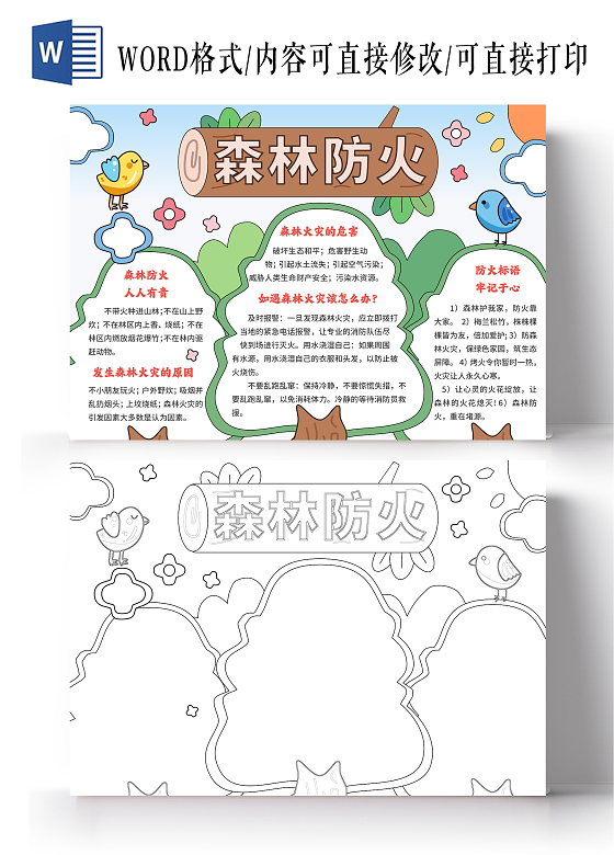 绿色手绘风森林防火手抄报消防日