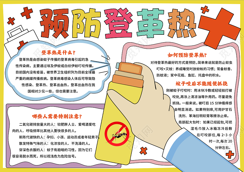 黄色手绘卡通预防登革热传染病手抄报