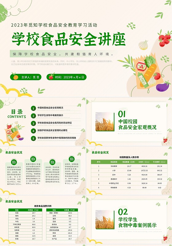 简约绿色学校食品安全讲座PPT模板全国食品安全法宣传周