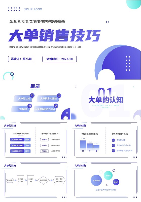 紫色简约形状叠加大单销售技巧销售技巧培训PPT