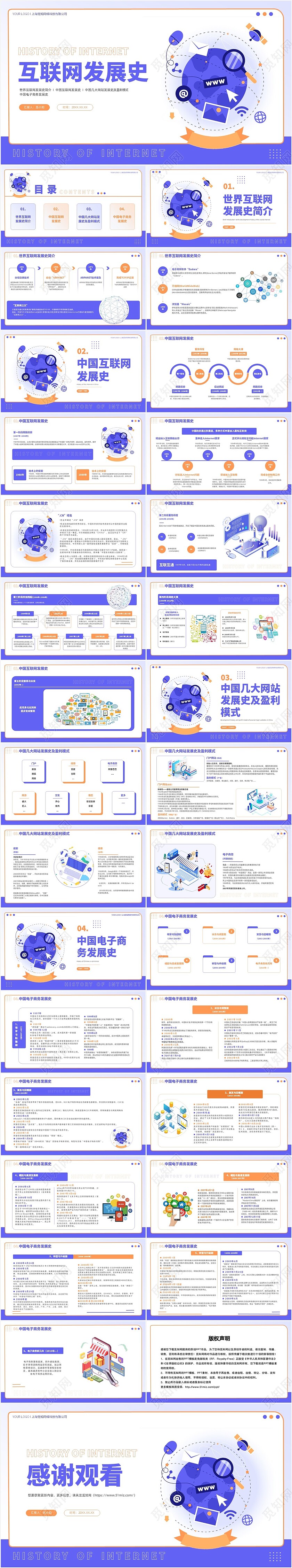 紫色简约插画风互联网发展史介绍课件ppt模板