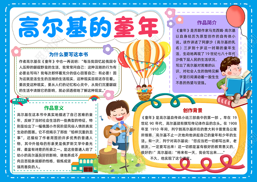 蓝色插画高尔基的童年小学生手抄报插画小报手抄报读书
