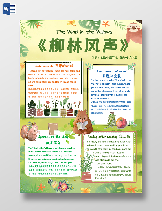 卡通水彩风格英语读书卡柳林风声手抄报小报