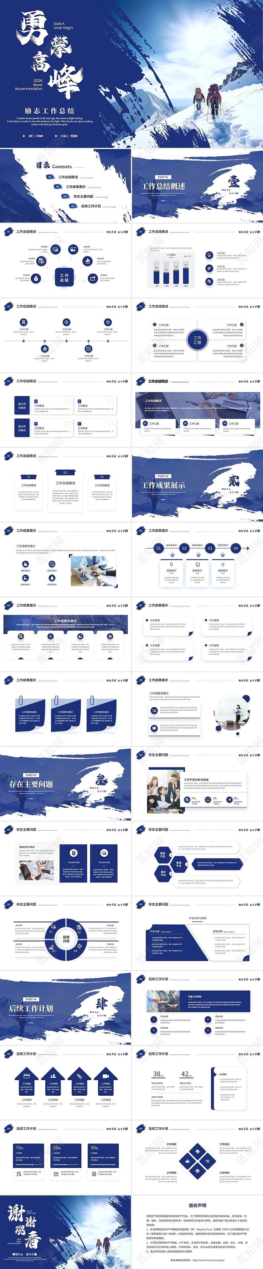 蓝色励志攀登笔刷风年度工作总结工作汇报述职报告ppt模板