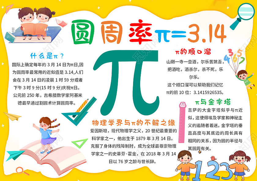 圆周率π=3.14 圆周率小报手抄报 黄色卡通 卡通小报手手抄报数学