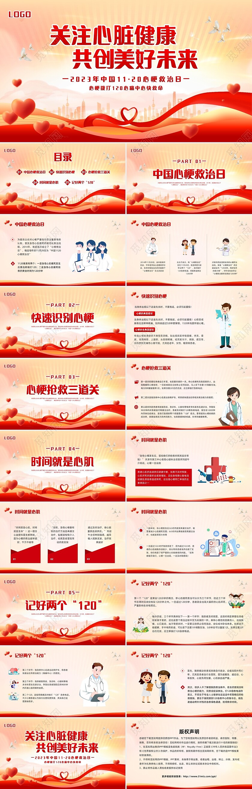 红色简约中国1120心梗救治日PPT模板宣传PPT动态PPT..