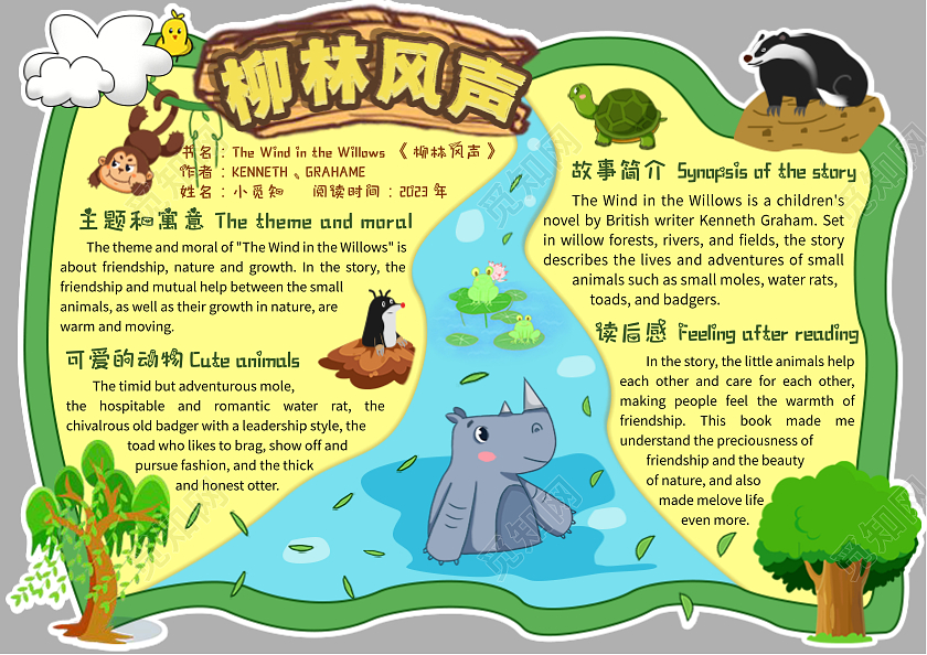 绿色异性边框卡通柳林风声小报手抄报读书卡
