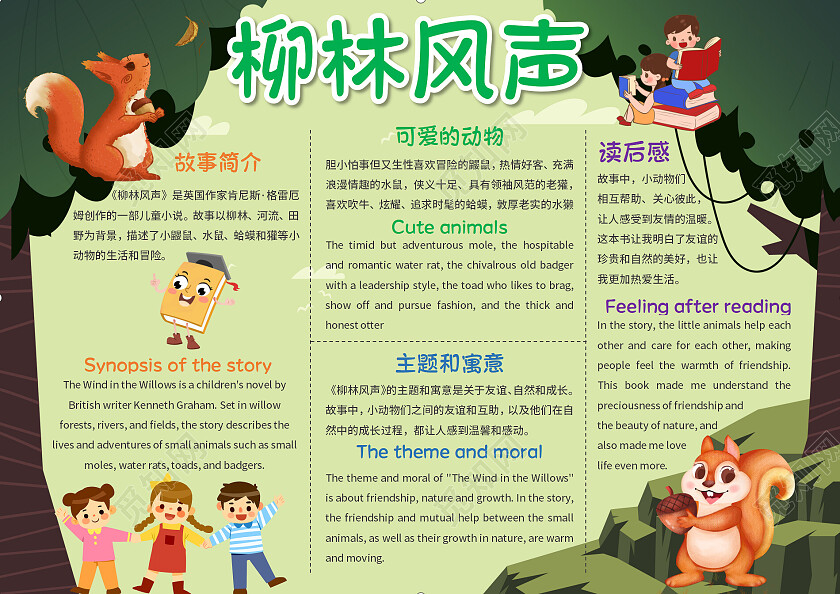 绿色插画柳林风声柳林风声小报手抄报柳林风声英语读书卡