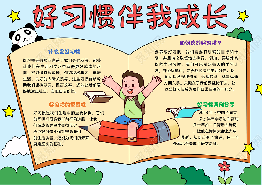 蓝色手绘好习惯伴我成长小学生手抄报手绘小报手抄报