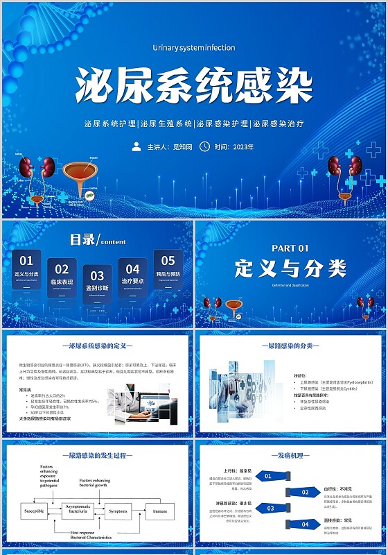 蓝色简约科技风泌尿系统感染主题PPT模板