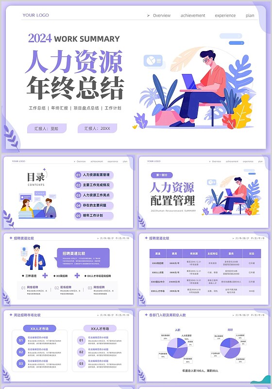 紫色时尚商务人力资源年终工作总结工作计划PPT