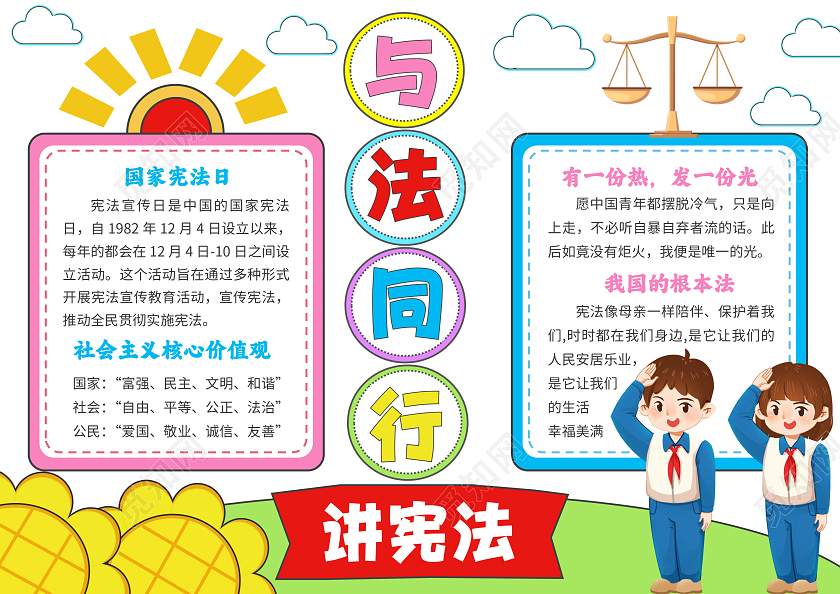 卡通与法同行小报手抄报国家宪法日