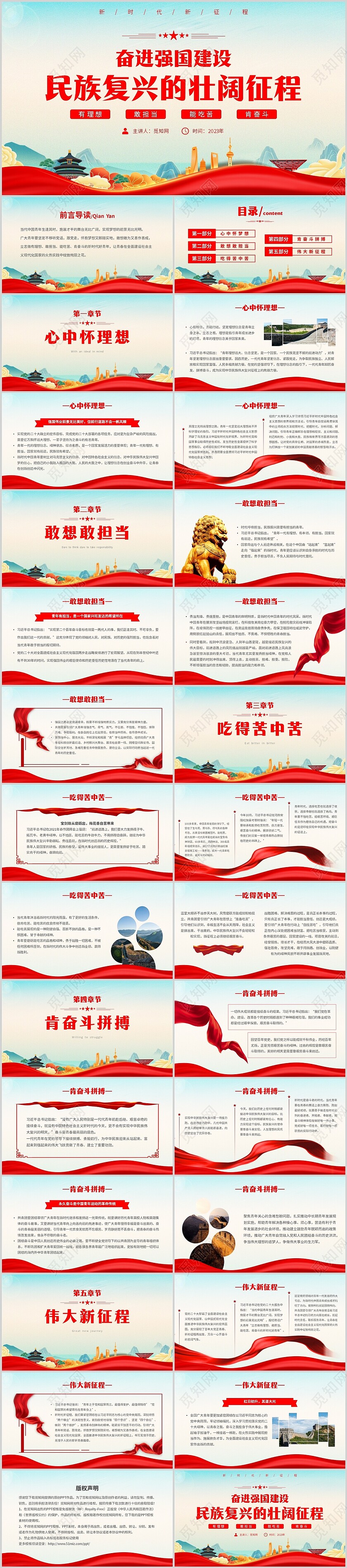 蓝色简约国潮风格有理想敢担当能吃苦肯奋斗主题PPT模板党课党建党政