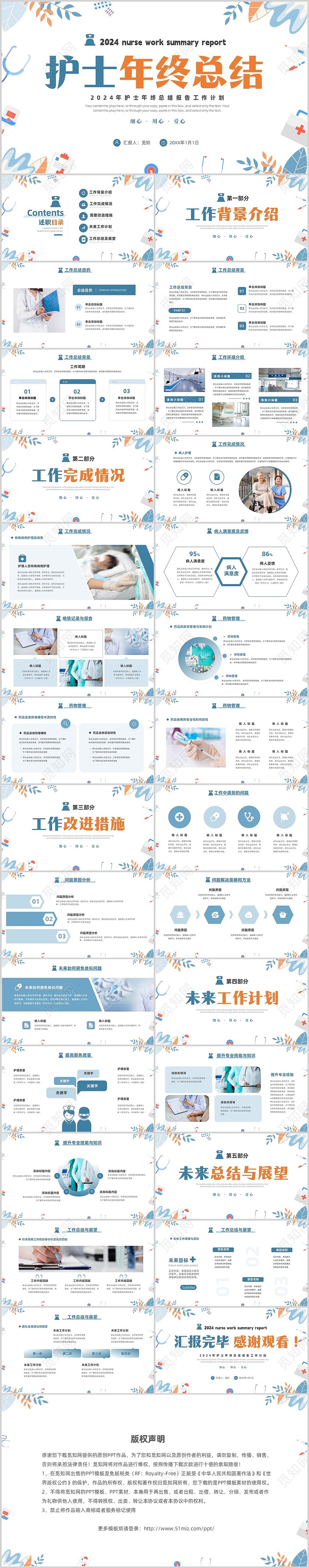 蓝色简约2024年护士年终工作总结工作计划PPT护士年终总结