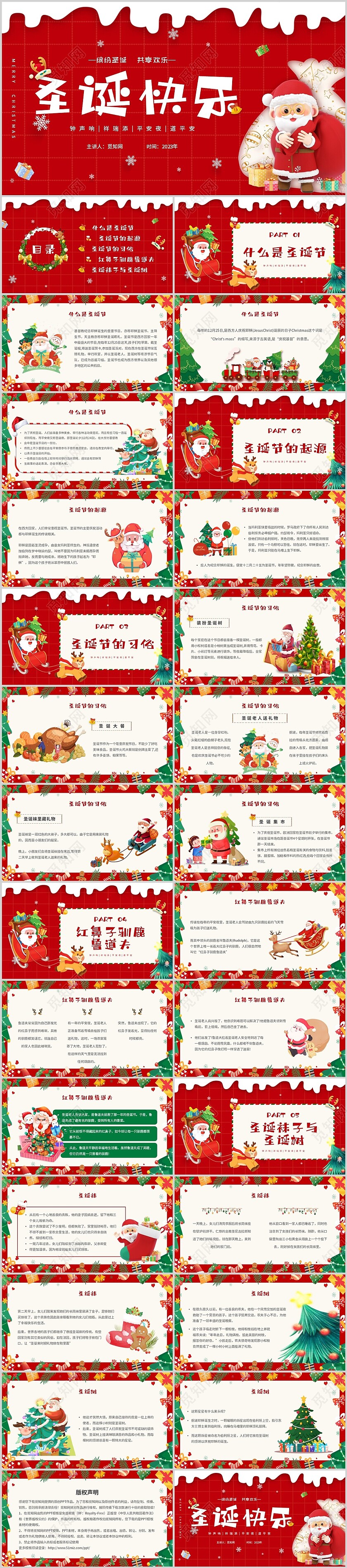 红色插画卡通圣诞节介绍主题PPT模板