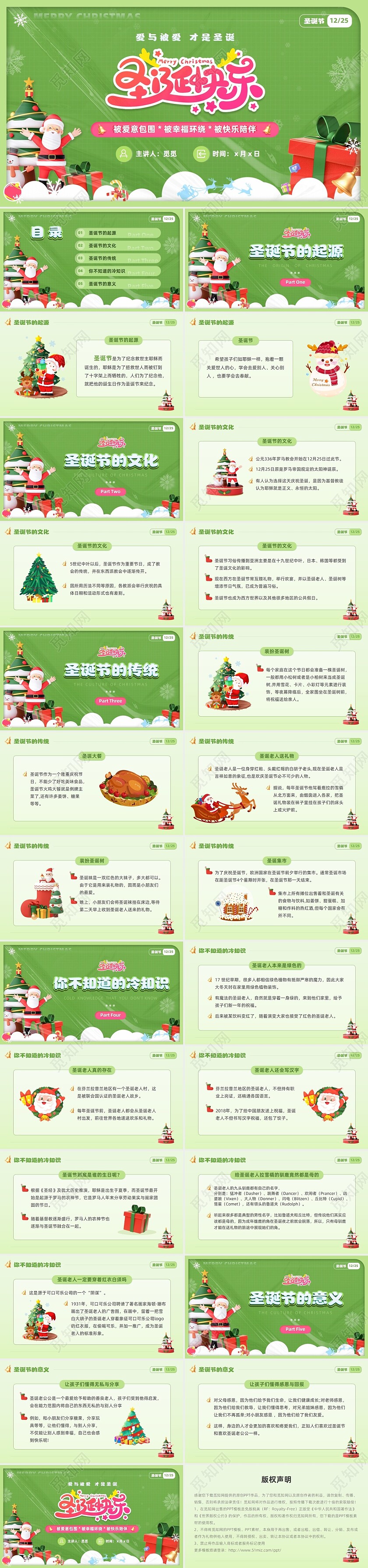 插画风绿色圣诞节介绍学生圣诞立体3d插画PPT