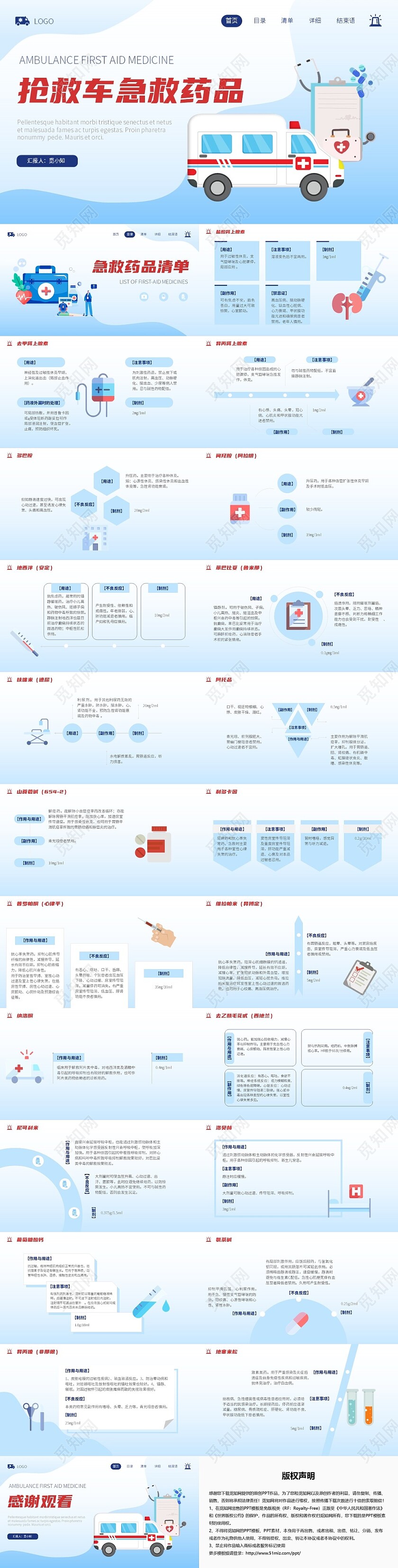 渐变蓝色插画风抢救车急救药品知识培训PPT急救知识