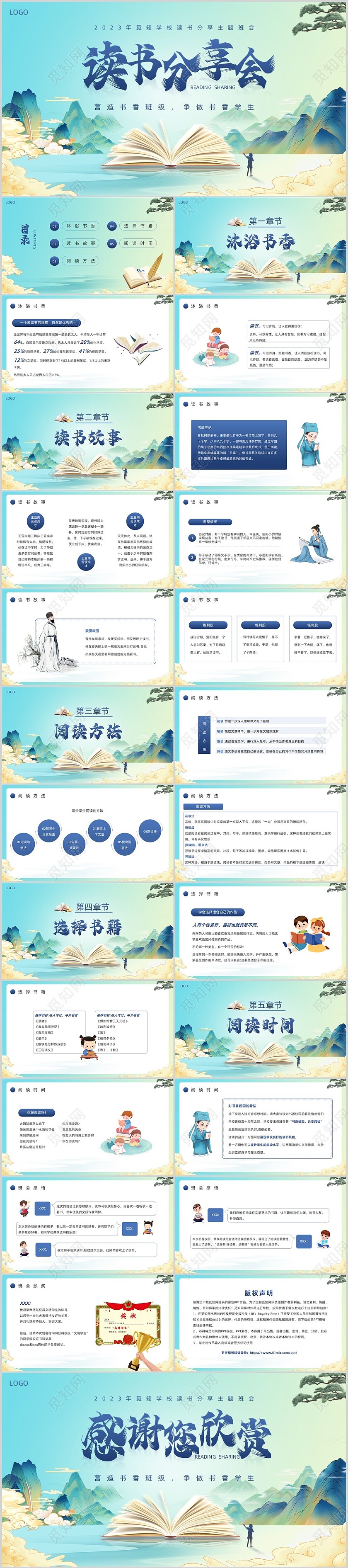 蓝色绿色简约风学校读书分享主题班会PPT模板