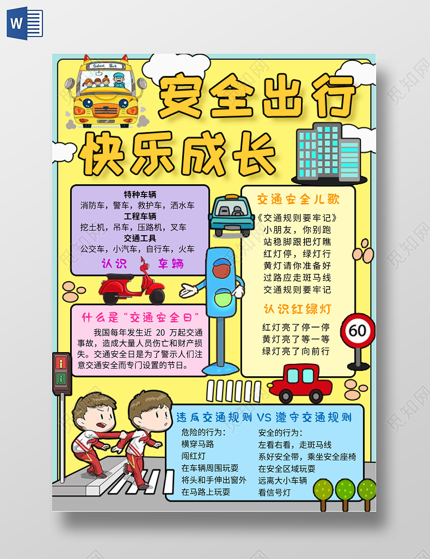 手绘可爱风背景安全出行快乐成长小报手抄报全国交通安全日