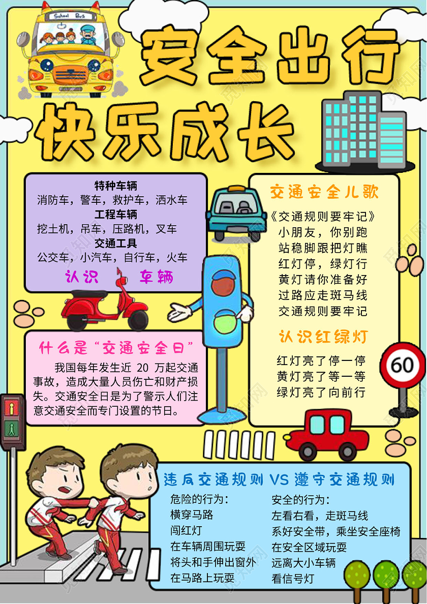 手绘可爱风背景安全出行快乐成长小报手抄报全国交通安全日