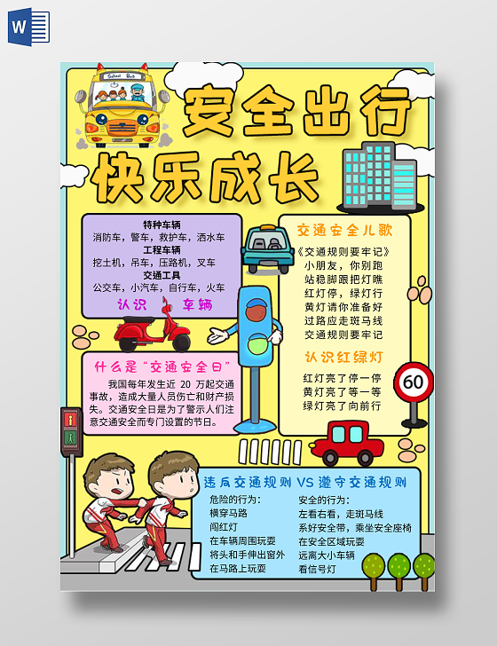 手绘可爱风背景安全出行快乐成长小报手抄报全国交通安全日