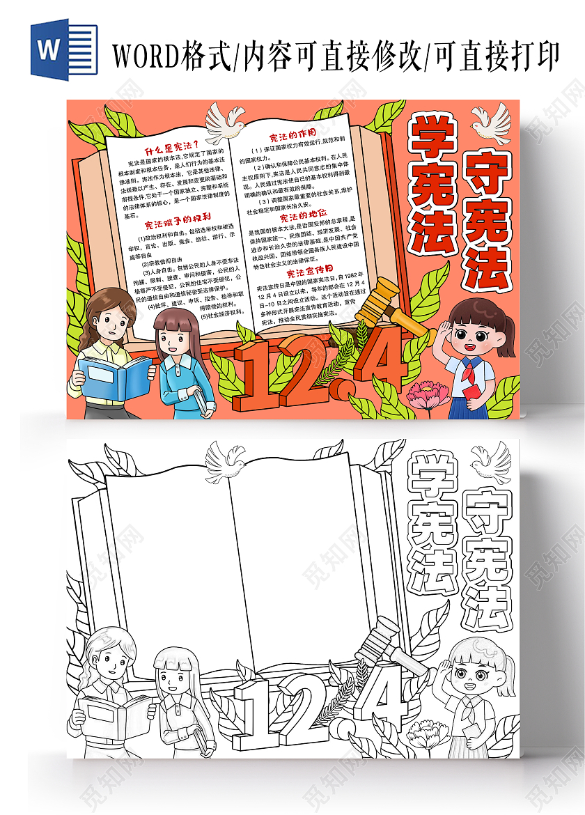 红色手绘风格学宪法守宪法小报手抄报国家宪法日