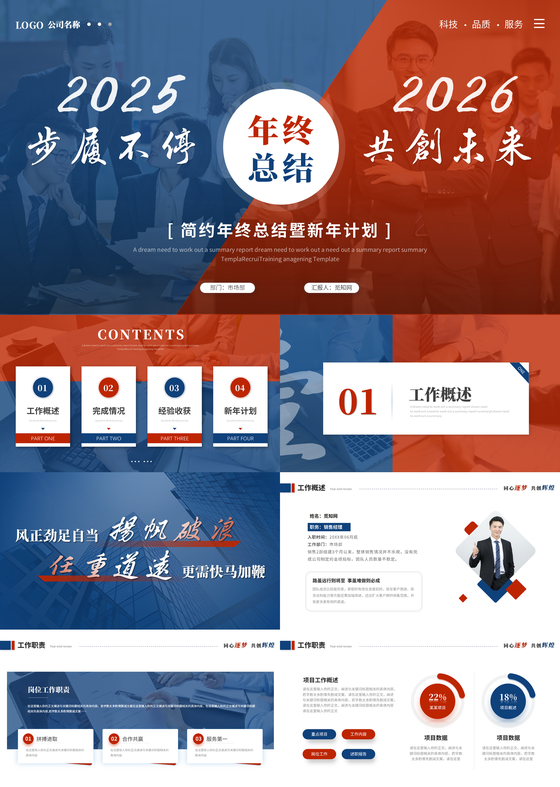 简约创意红蓝商务撞色年终总结暨新年计划工作总结ppt模板2026