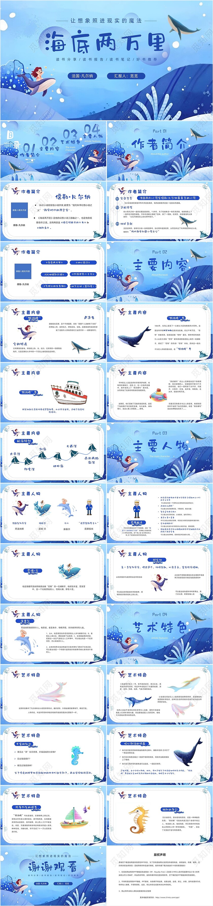 蓝色水彩插画海底两万里读书分享说课ppt