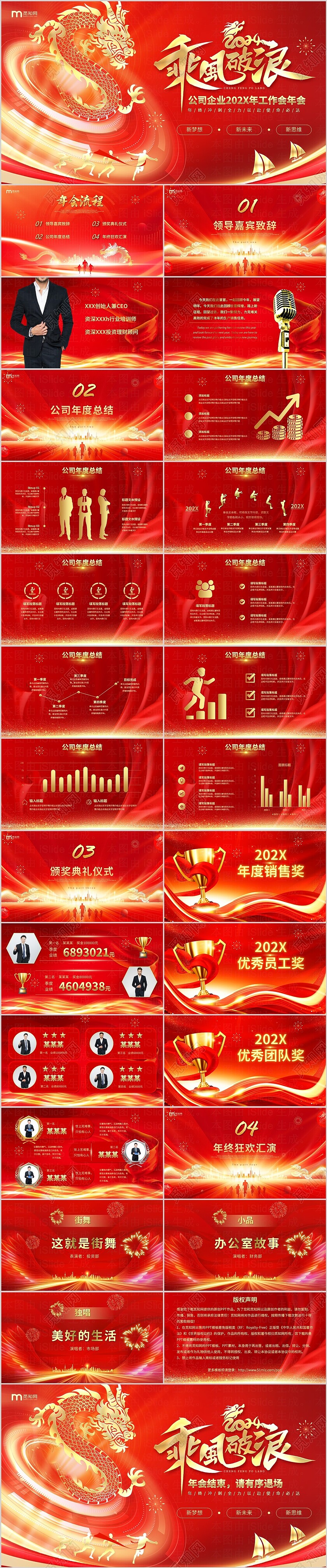 红金光效杨帆启航新年元旦公司企业年会工作会PPT龙年