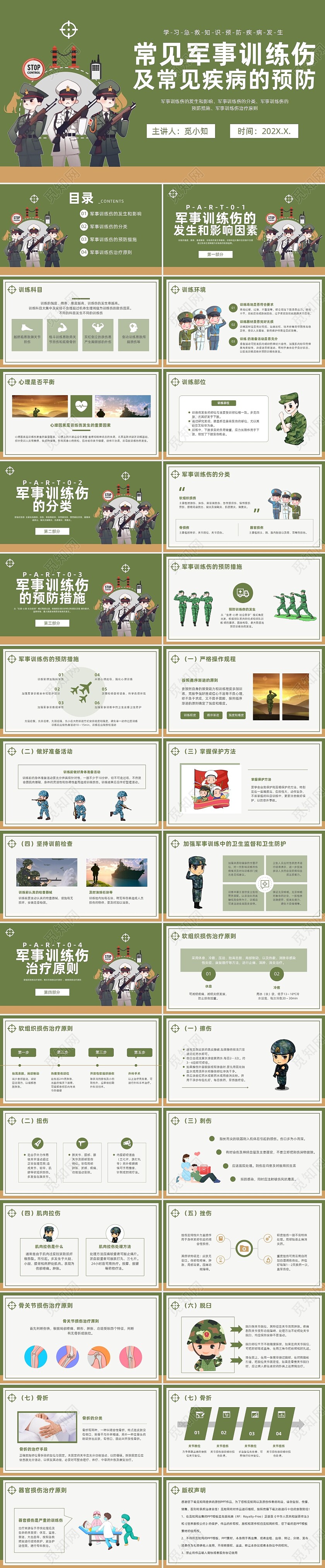 绿色卡通插画风军人急救知识科普通用PPT