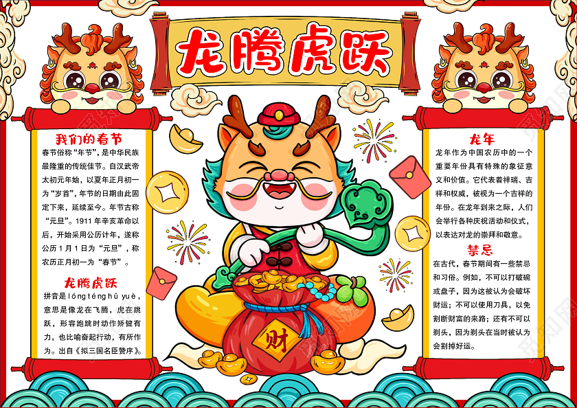 卡通手绘风格龙腾虎跃小报手抄报新年小报手抄报龙年