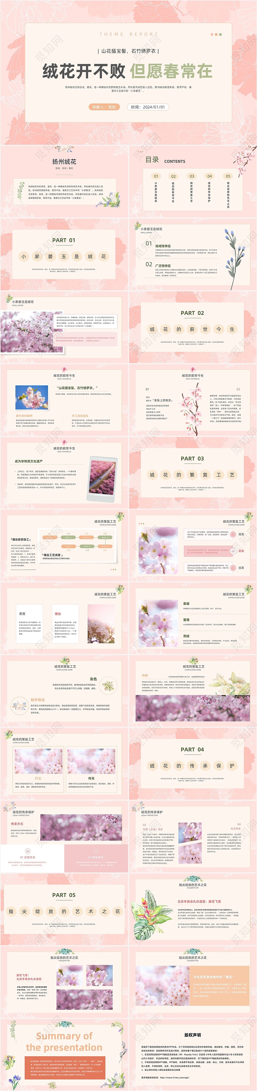 小清新风格粉色绒花开不败但愿春常在非遗绒花讲座ppt非遗非遗文化非物质文化遗产