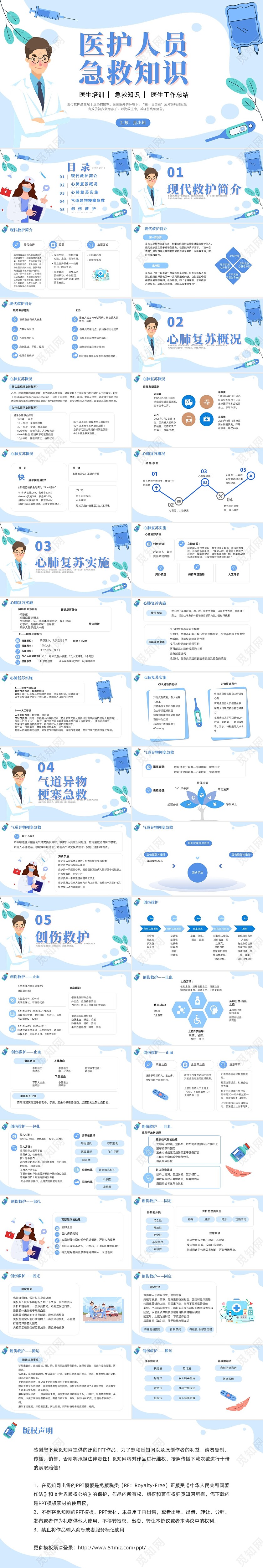 插画风蓝色简约卡通风医护人员急救知识培训PPT课件