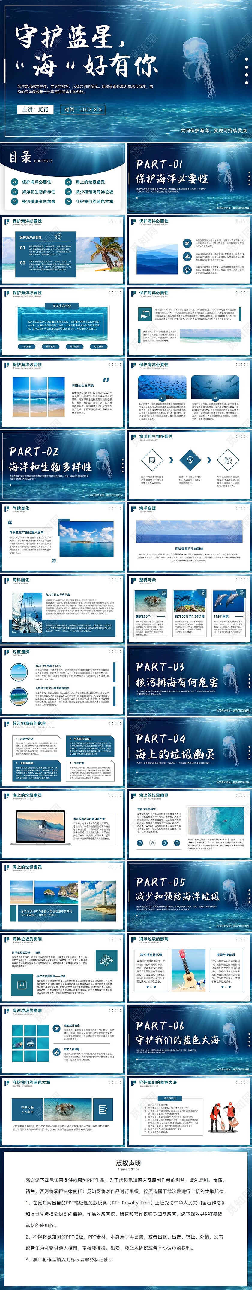 蓝色大海海洋环境保护主题课件环保PPT