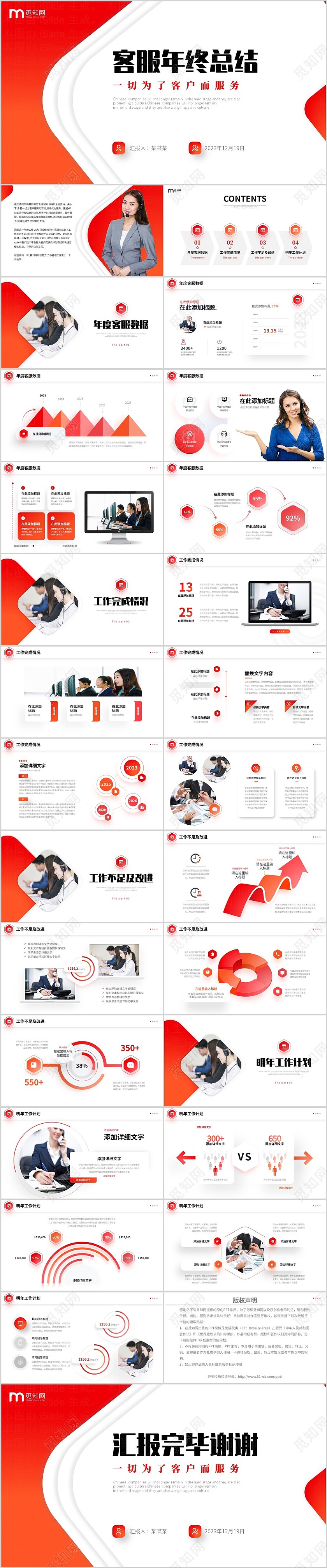 红橙色简约风叠压立体形状公司客服年终总结PPT