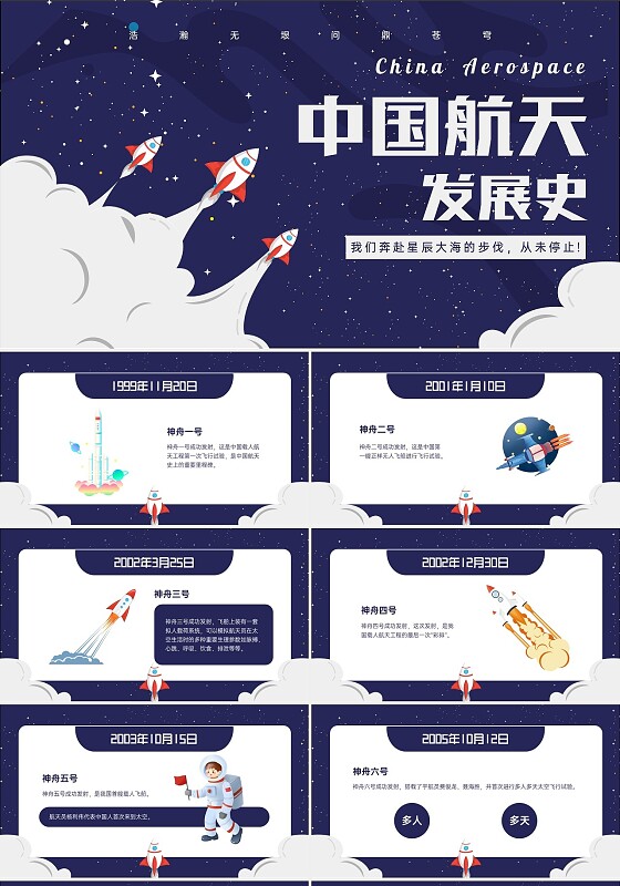 蓝色卡通风格中国航天发展史简介PPT课件