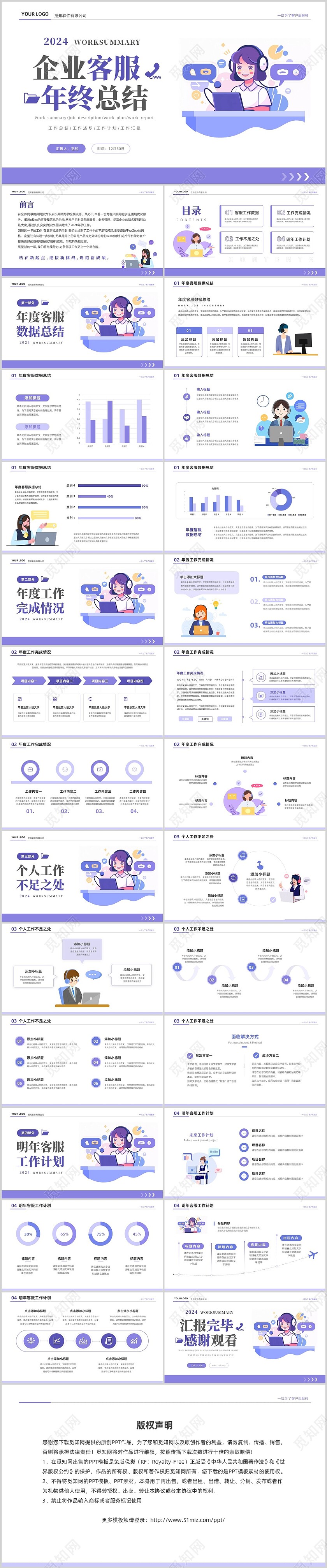 紫色简约商务插画风企业客服年终工作总结工作汇报PPT年终总结
