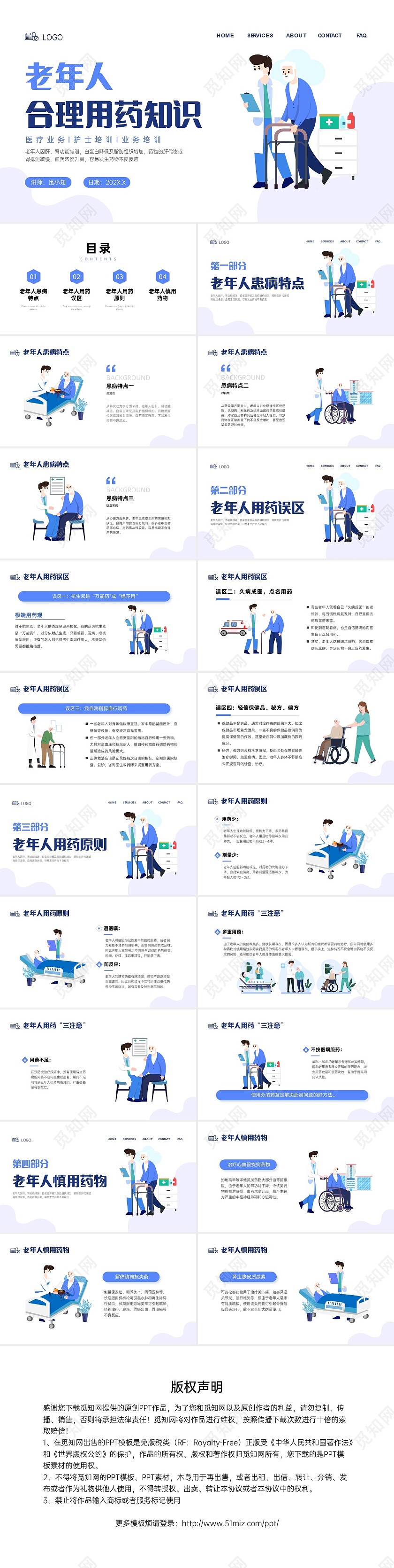 蓝色扁平插画风老年人合理用药培训PPT课件