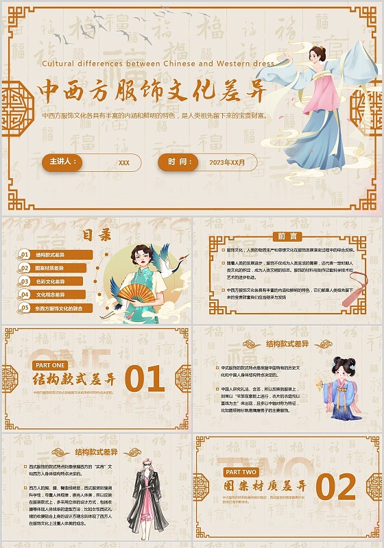 棕色国风中西方服饰差异PPT模板服装