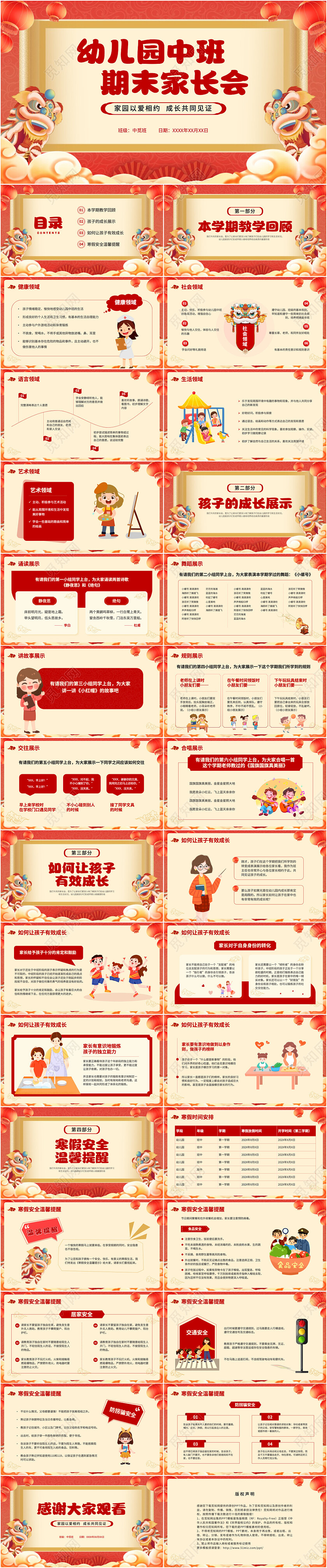 红色中国风幼儿园家长会主题班会ppt模版期末家长会