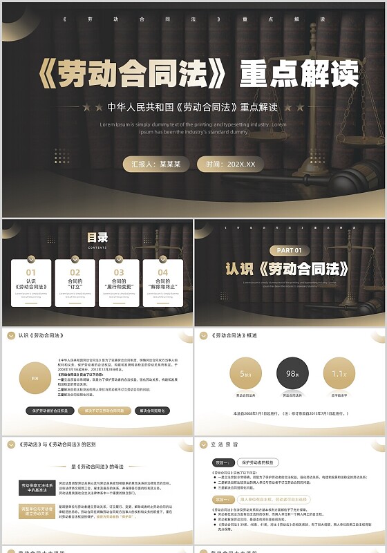 棕色简约风劳动合同法PPT模板法律