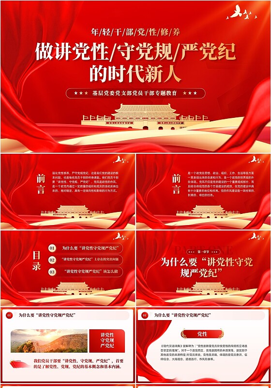 烫金红绸红色讲党性守党规严党纪学习课件PPT党建