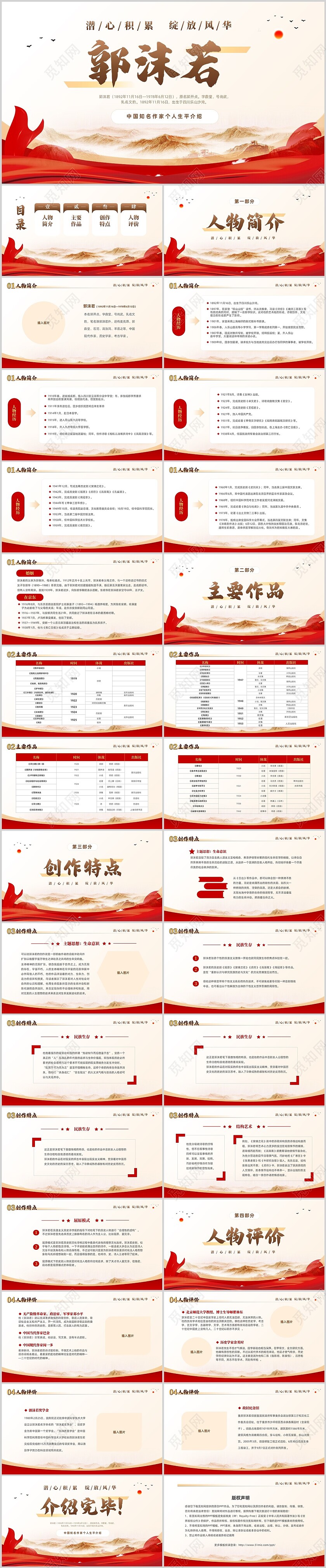 红色简约中国知名作家郭沫若个人生平介绍PPT人物介绍