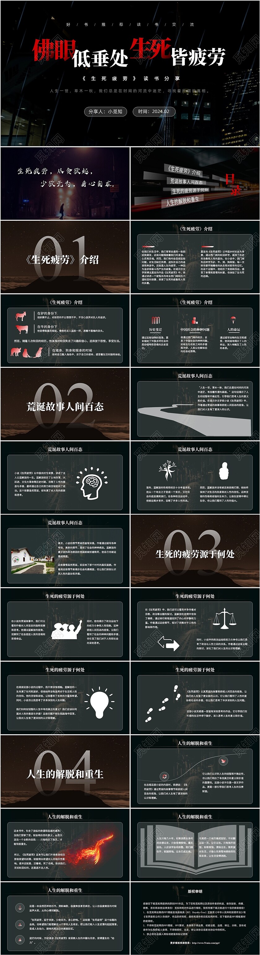 黑色大气实拍《生死疲劳》莫言读书分享说课PPT