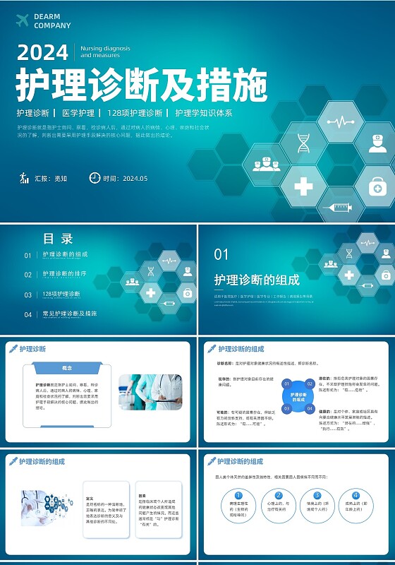 深蓝色简约风护理诊断及措施128个护理诊断医学培训P图课件护理医疗