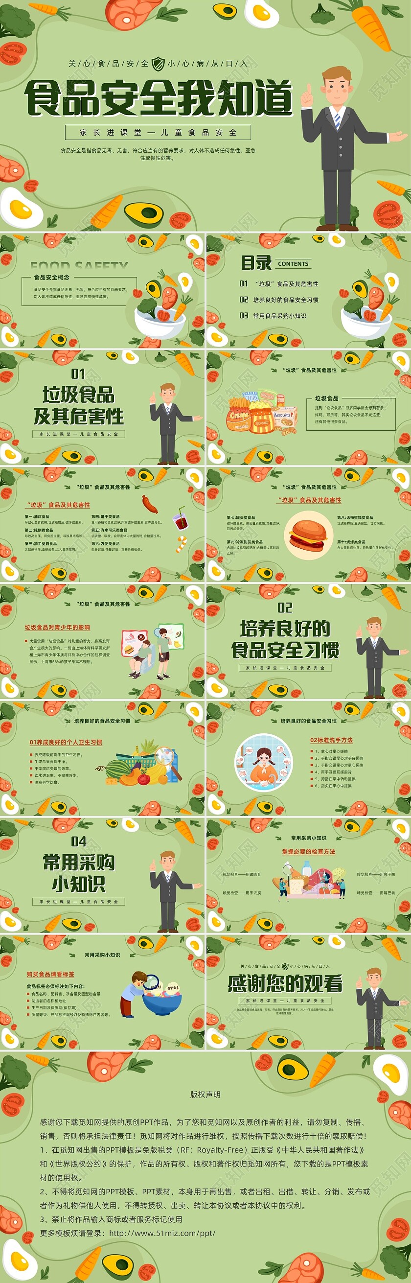 绿色简约卡通插画风食品安全我知道家长会PPT家长进课堂