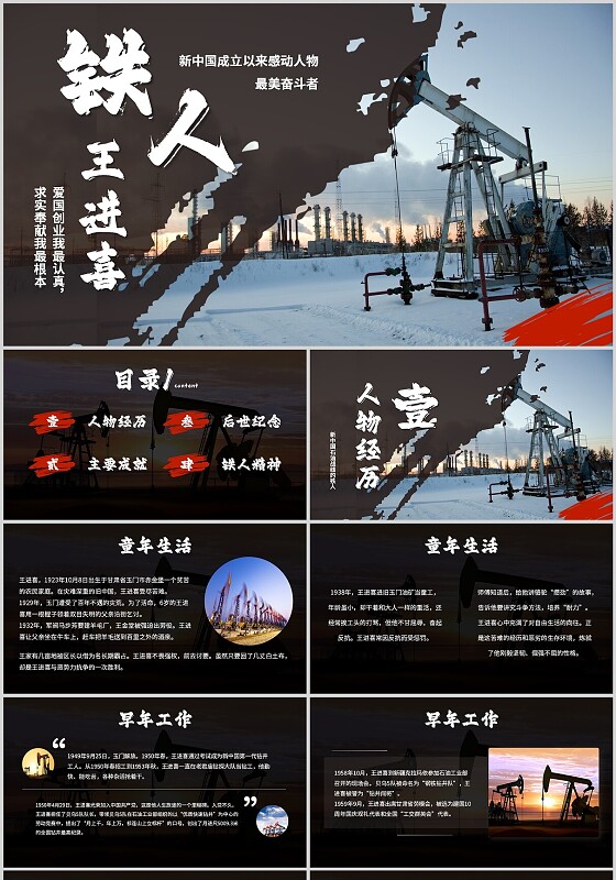 简约实拍铁人王进喜人物简介主题PPT模板人物介绍