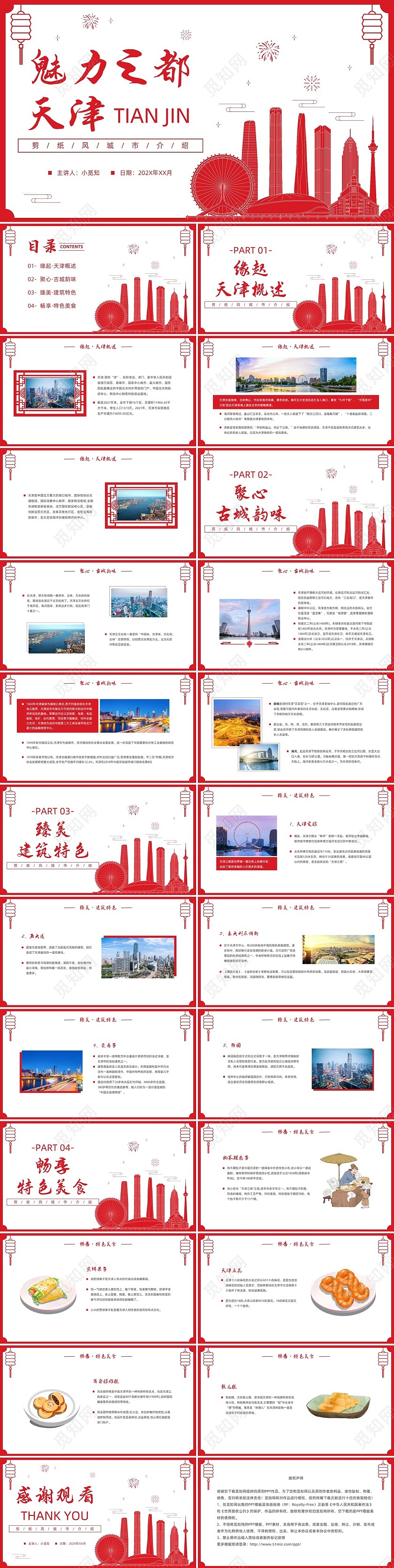 红色剪纸风城市介绍天津PPT城市介绍中国城市