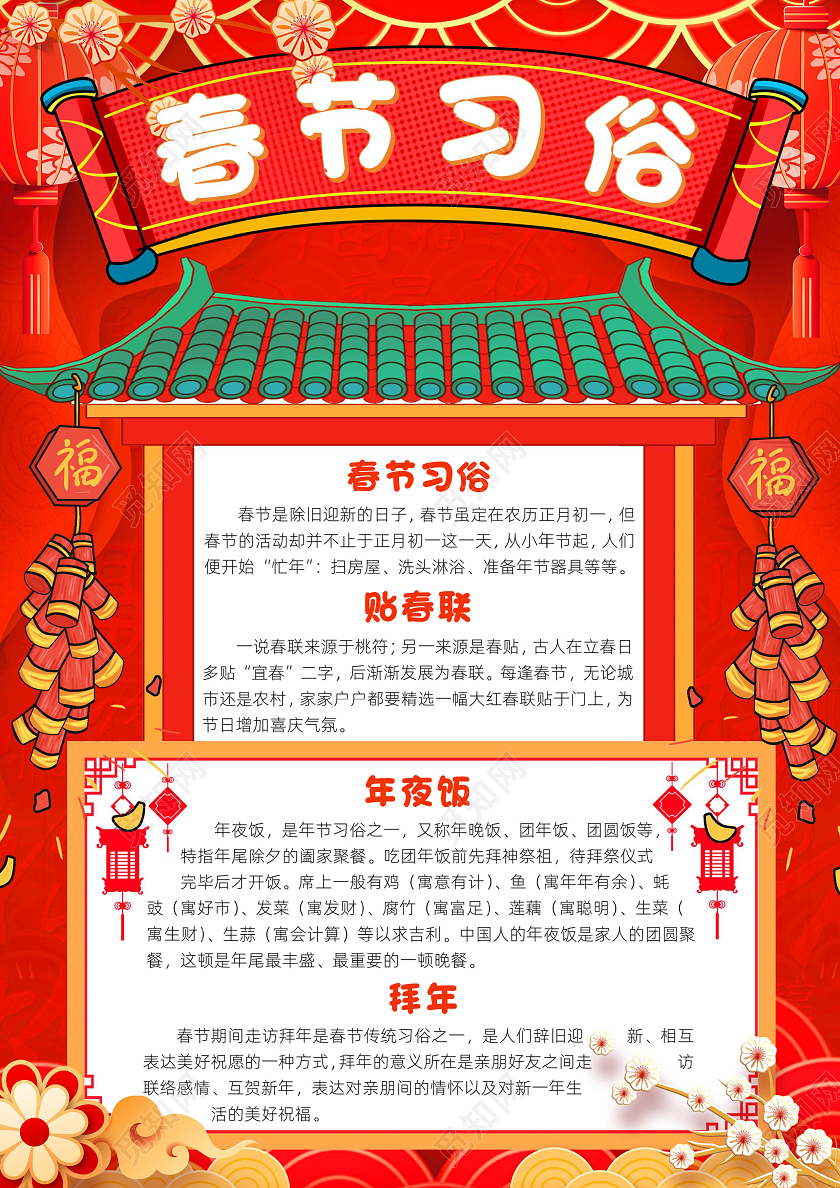 红色卡通春节习俗小报手抄报小学生手抄报