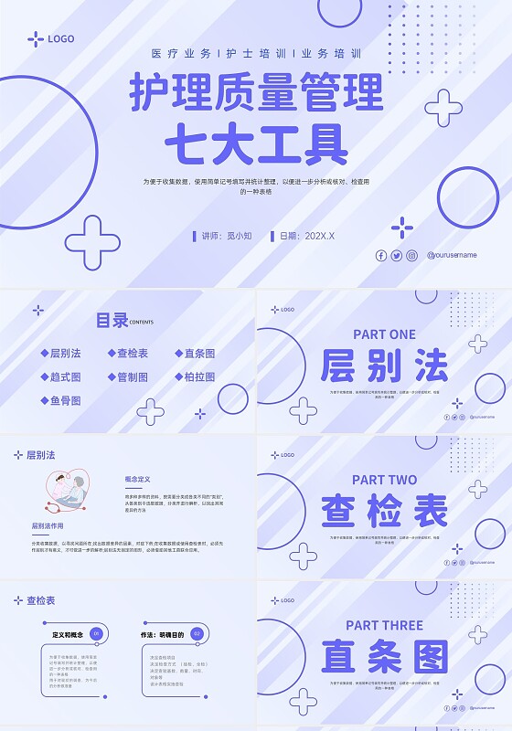 蓝色简约形状护理质量管理七大工具培训PPT模板